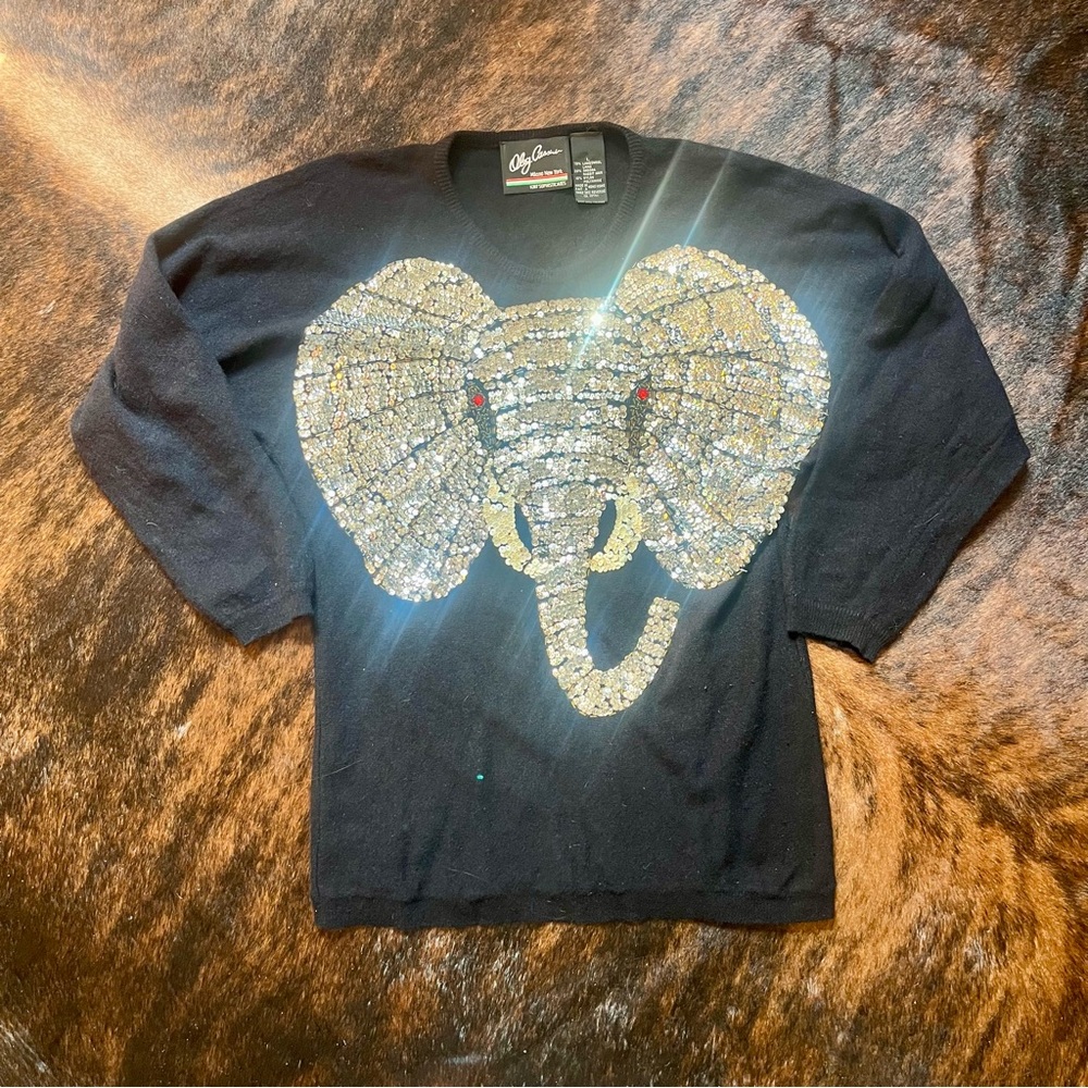 • VTG Oleg Cassini Sequin Elephant Lambswool Blend Sweater